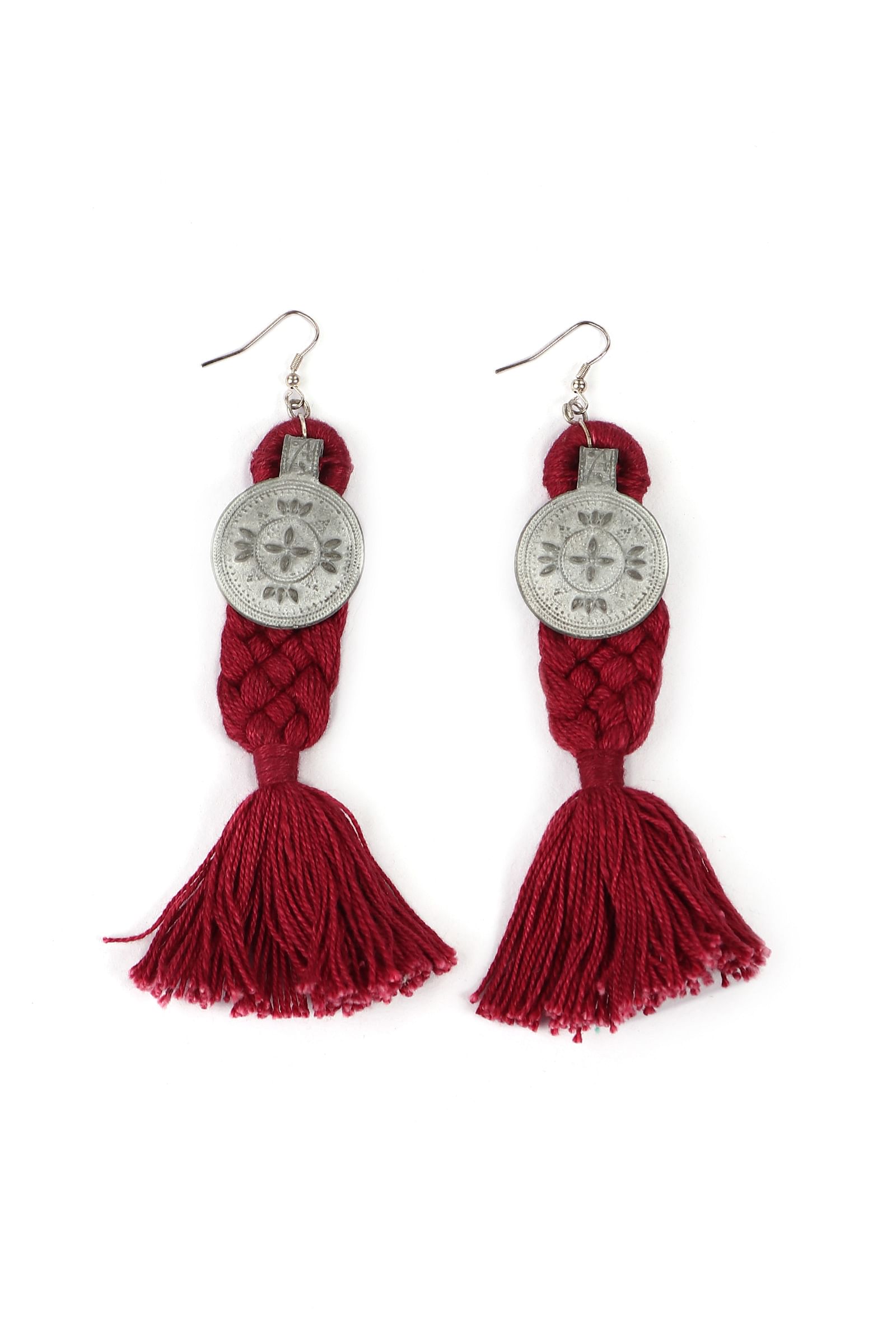 Red Thread & German Silver Tribal Earrings With Coin