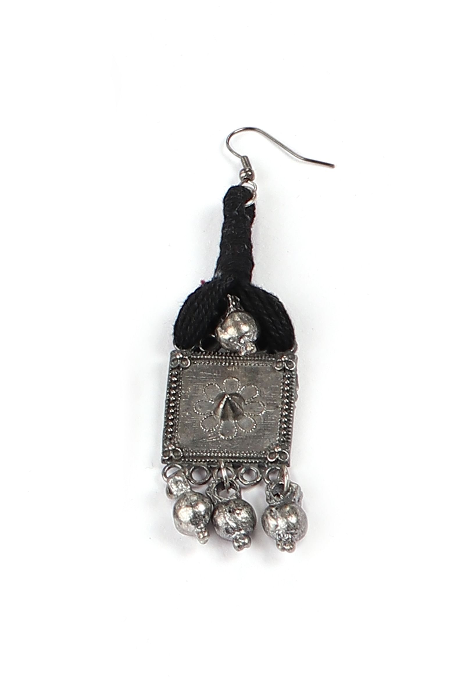 Black Thread & Square Motif German Silver Earrings