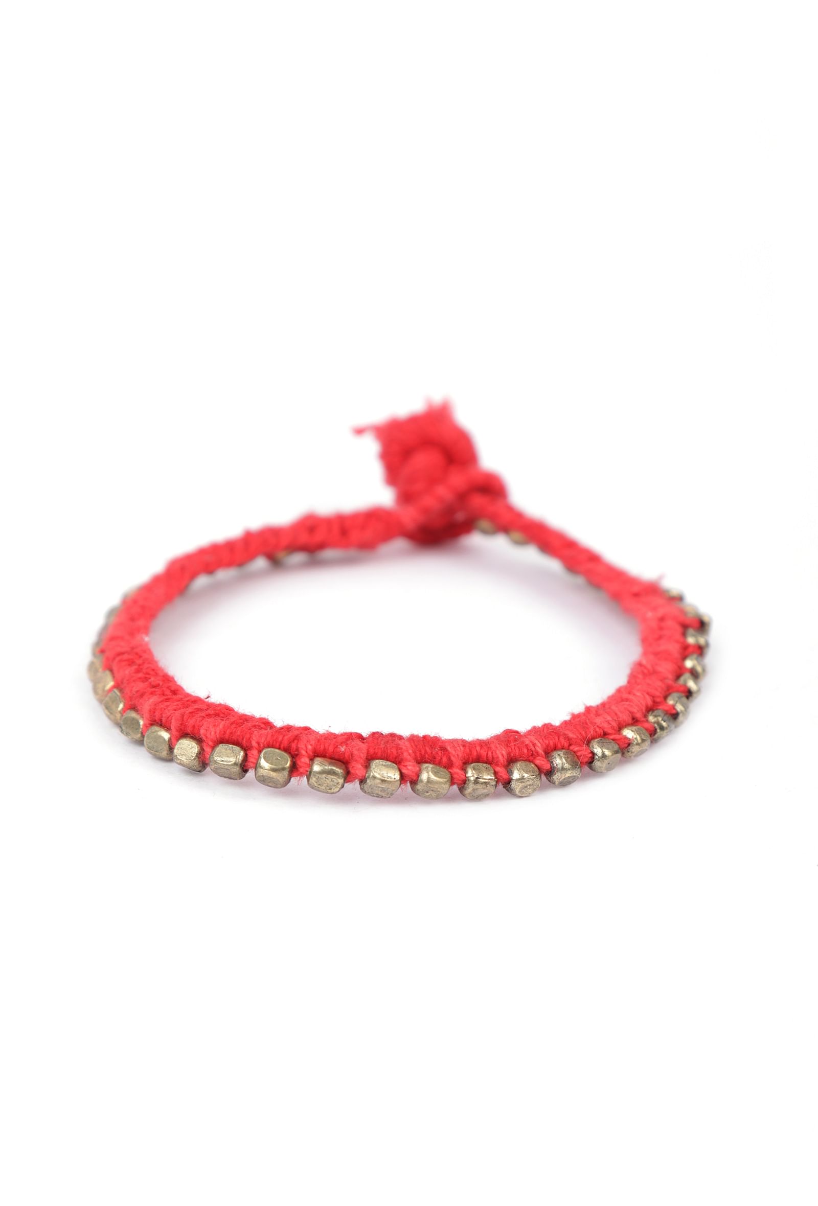 Set Of 2: Yashika Red Thread & Antique Plated Brass Beaded Anklets