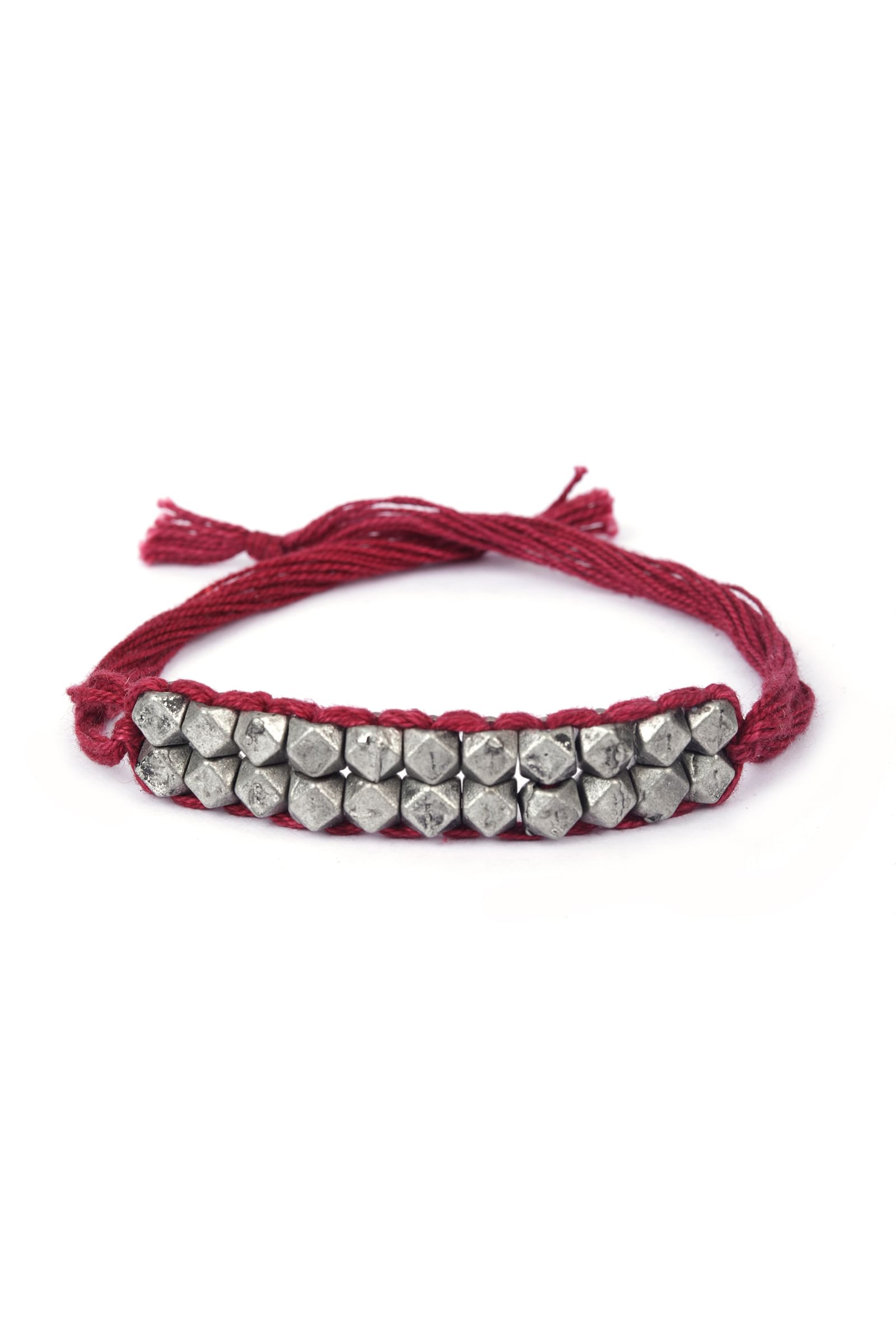 Set Of 2: Achsa Maroon Thread & Antique Plated Brass Beaded Anklets