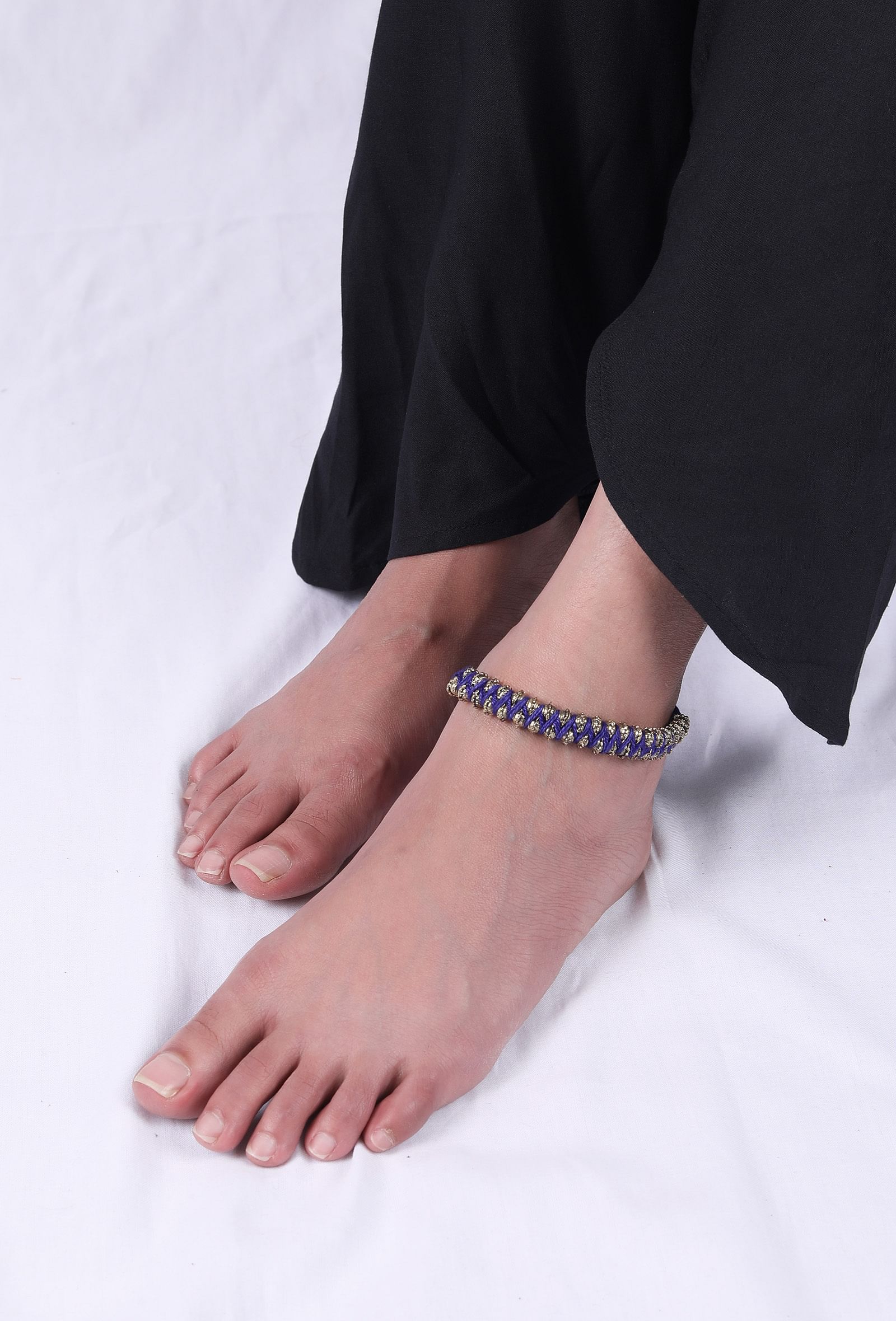 Set Of 2: Canisa Purple Thread & Antique Plated Brass Beaded Anklets