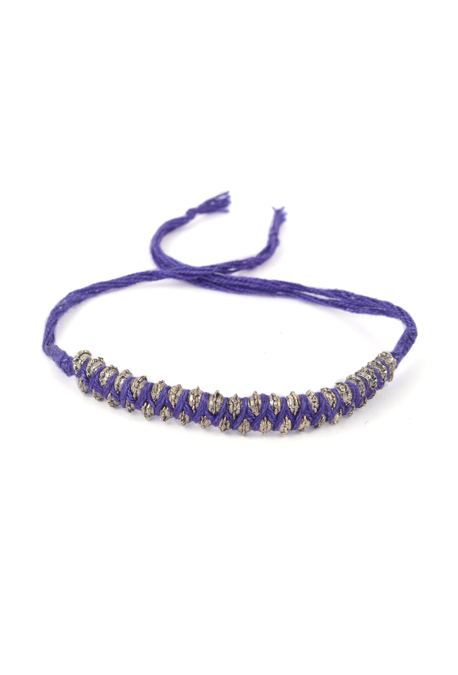 Set Of 2: Canisa Purple Thread & Antique Plated Brass Beaded Anklets