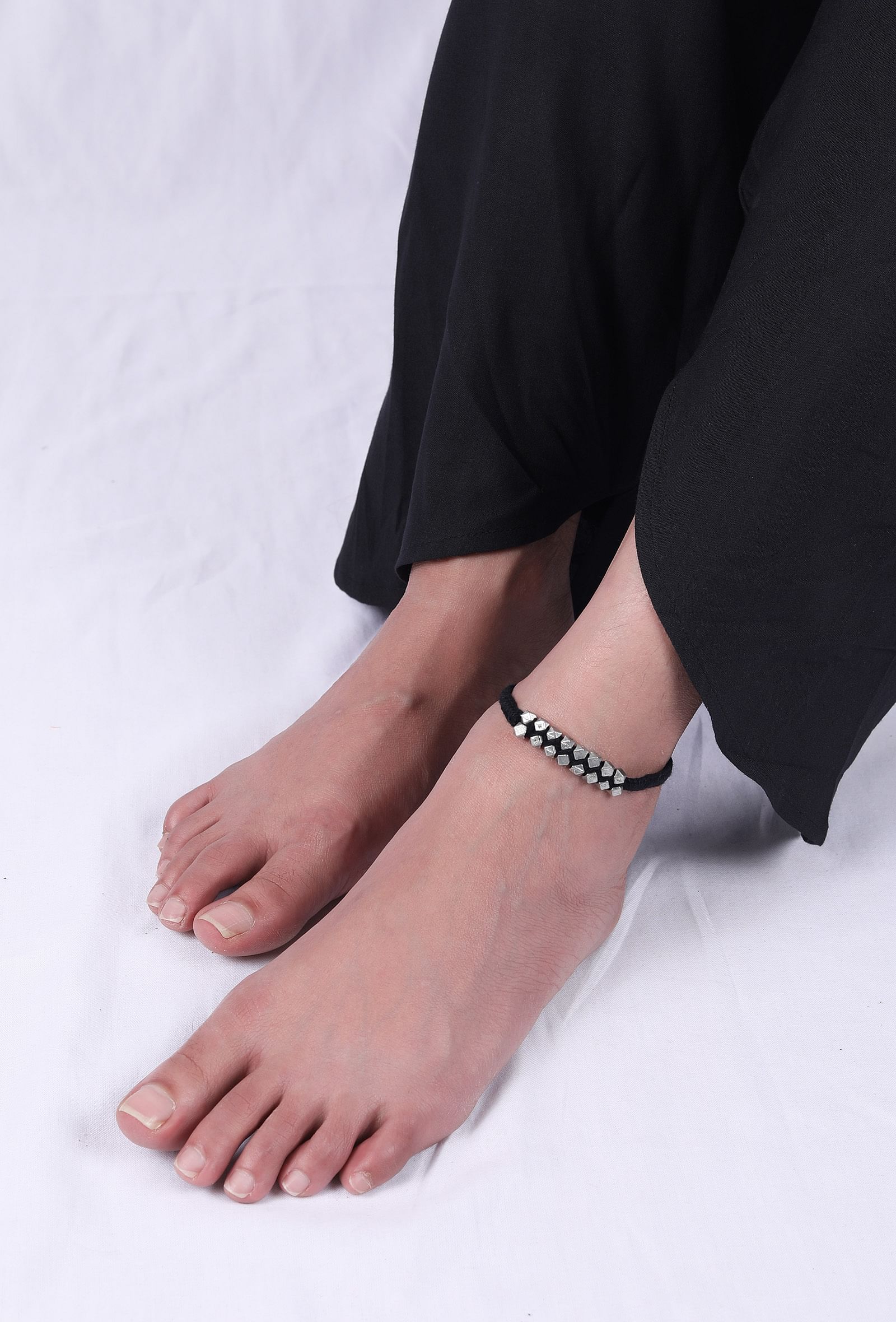 Set Of 2: Amira Black Thread & Antique Plated Brass Beaded Anklets