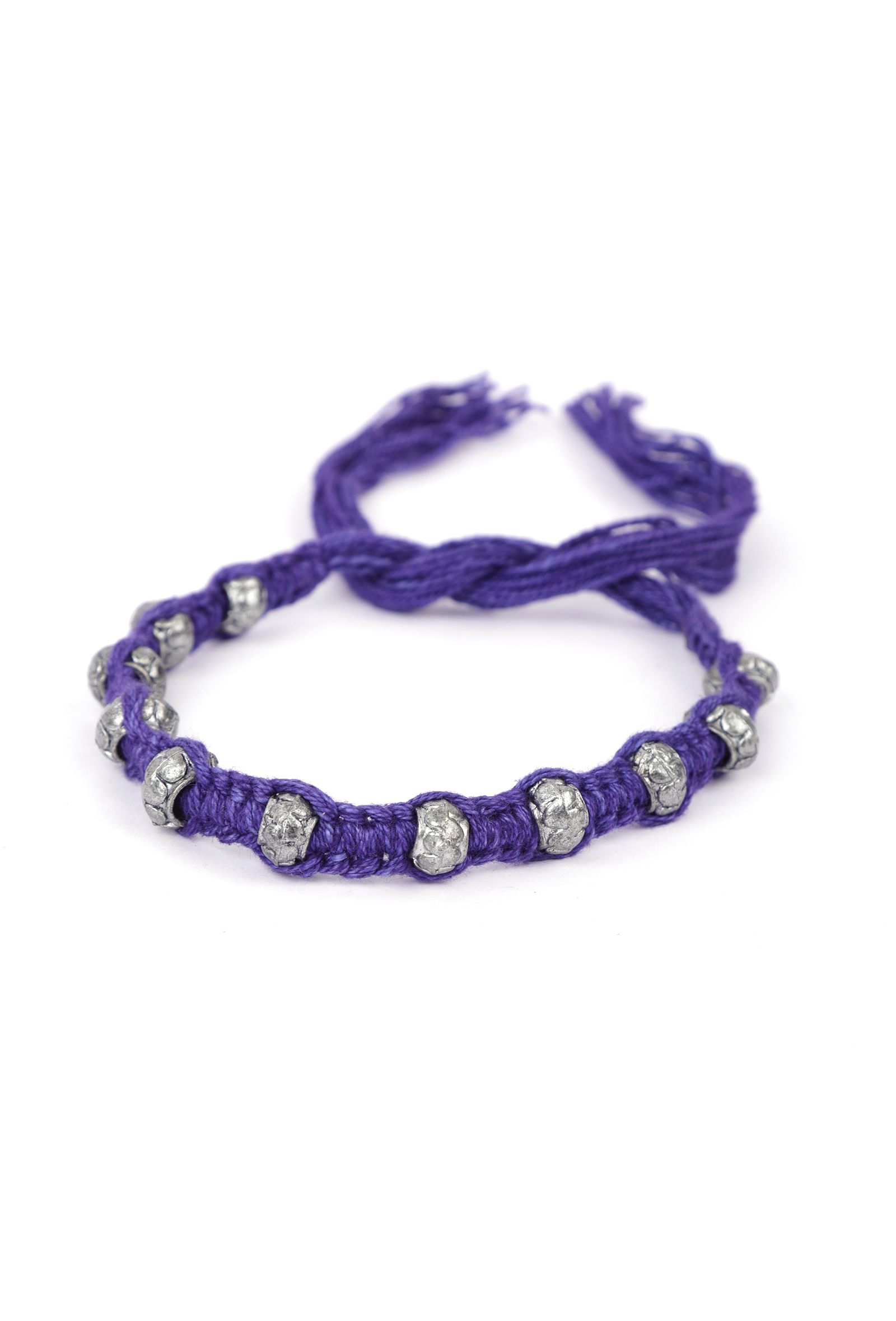 Set Of 2: Maryam Purple Thread & Antique Plated Brass Beaded Anklets