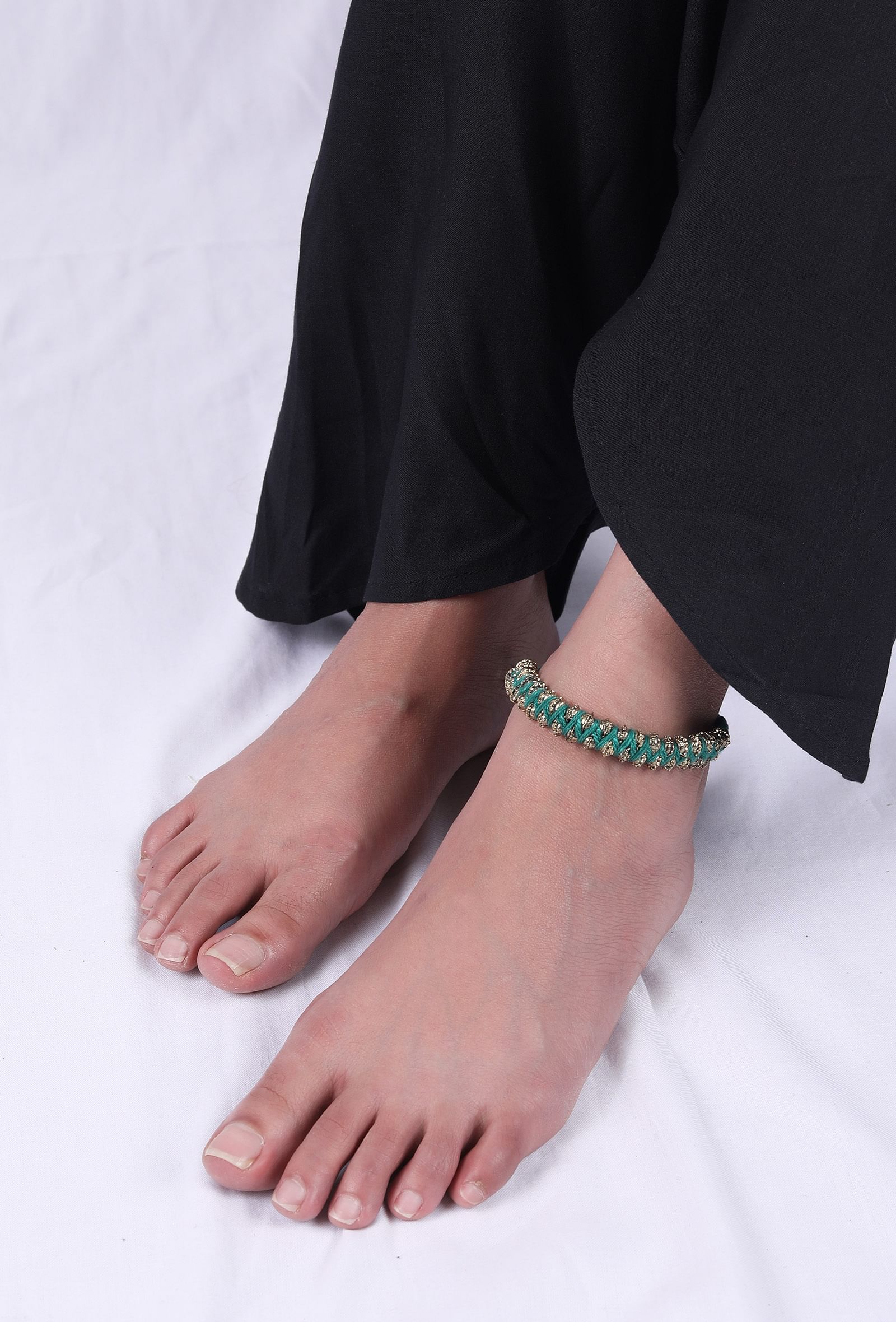 Set Of 2: Rida Pine Green Thread & Antique Plated Brass Beaded Anklets