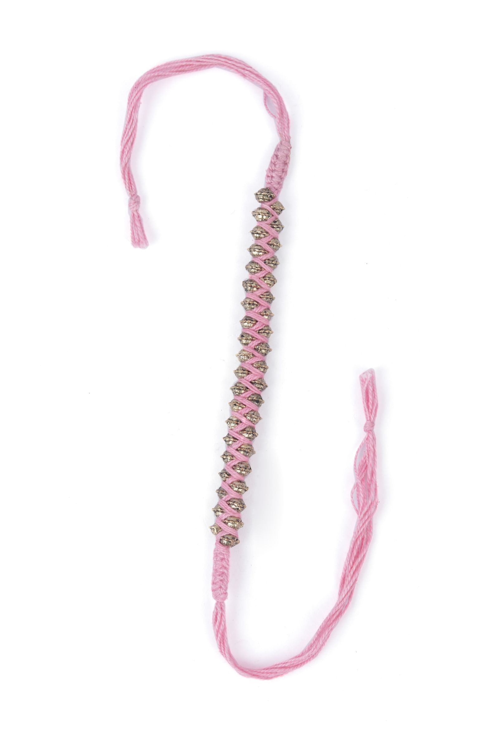 Set Of 2: Zaina Pink Thread & Antique Plated Brass Beaded Anklets