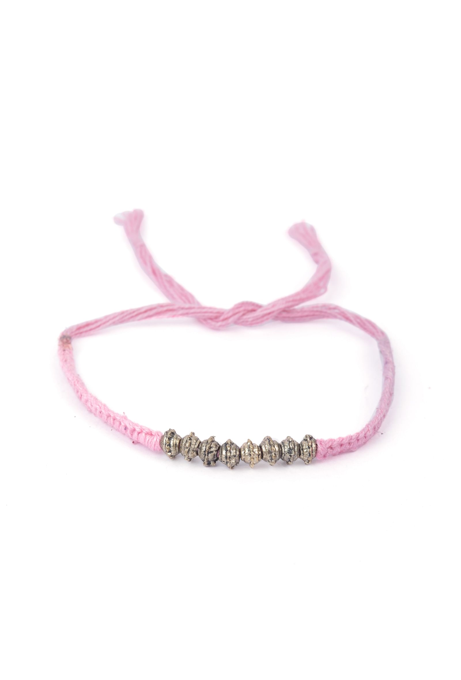 Set Of 2: Ada Pink Thread & Antique Plated Brass Beaded Anklets