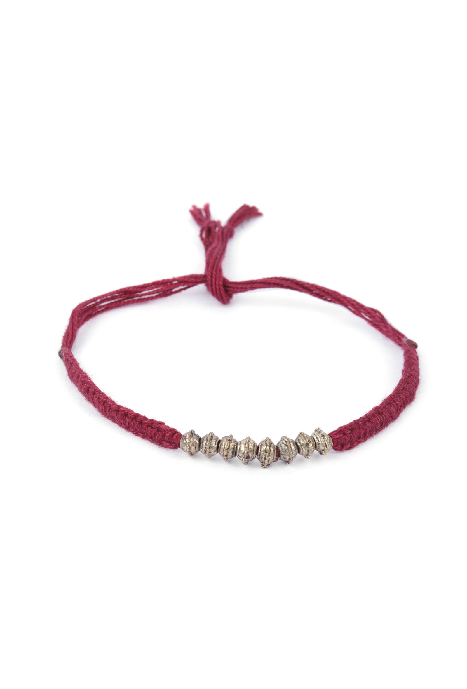 Set Of 2: Garnet Pink Thread & Antique Plated Brass Beaded Anklets