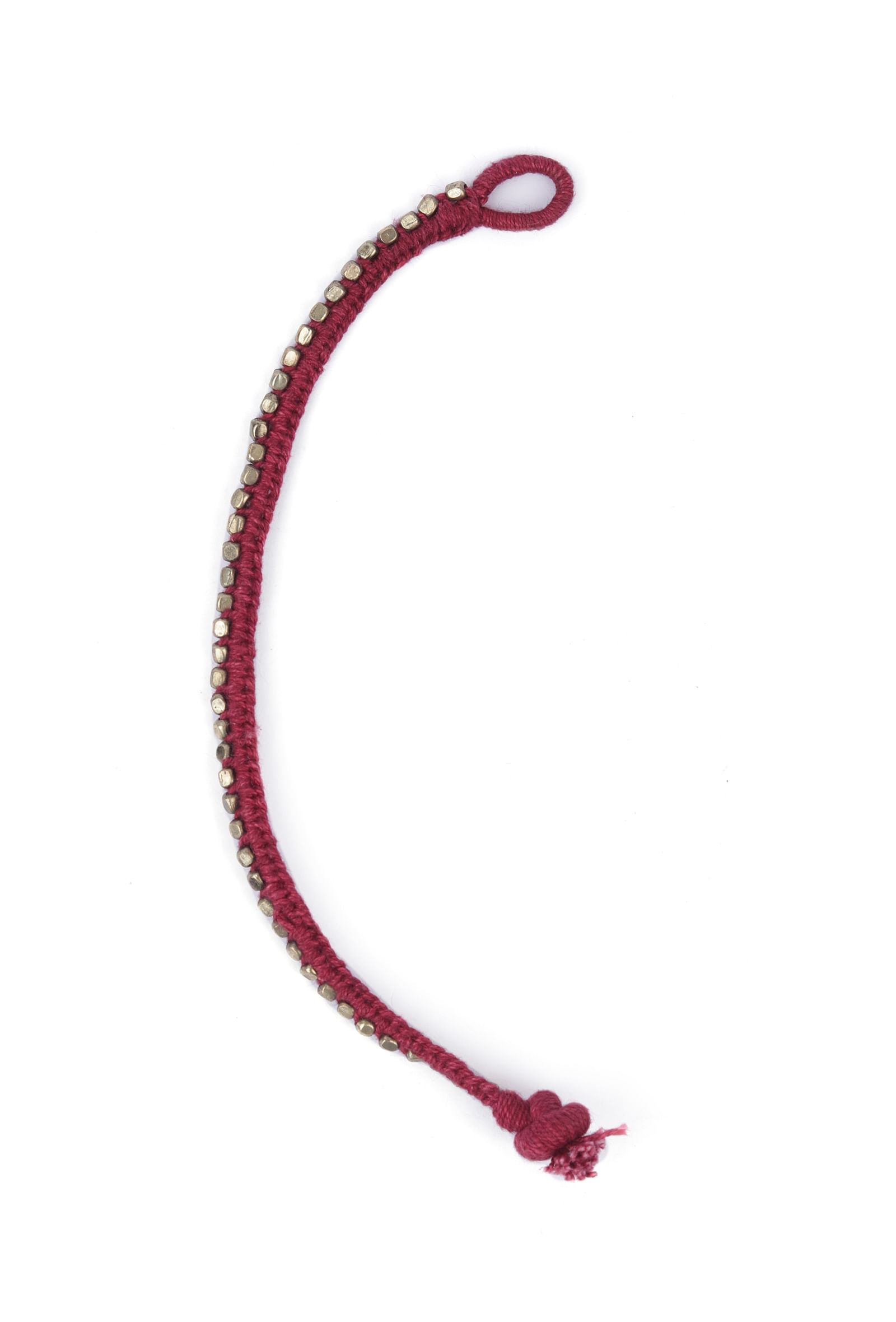 Set Of 2: Cia Maroon Thread & Antique Plated Brass Beaded Anklets