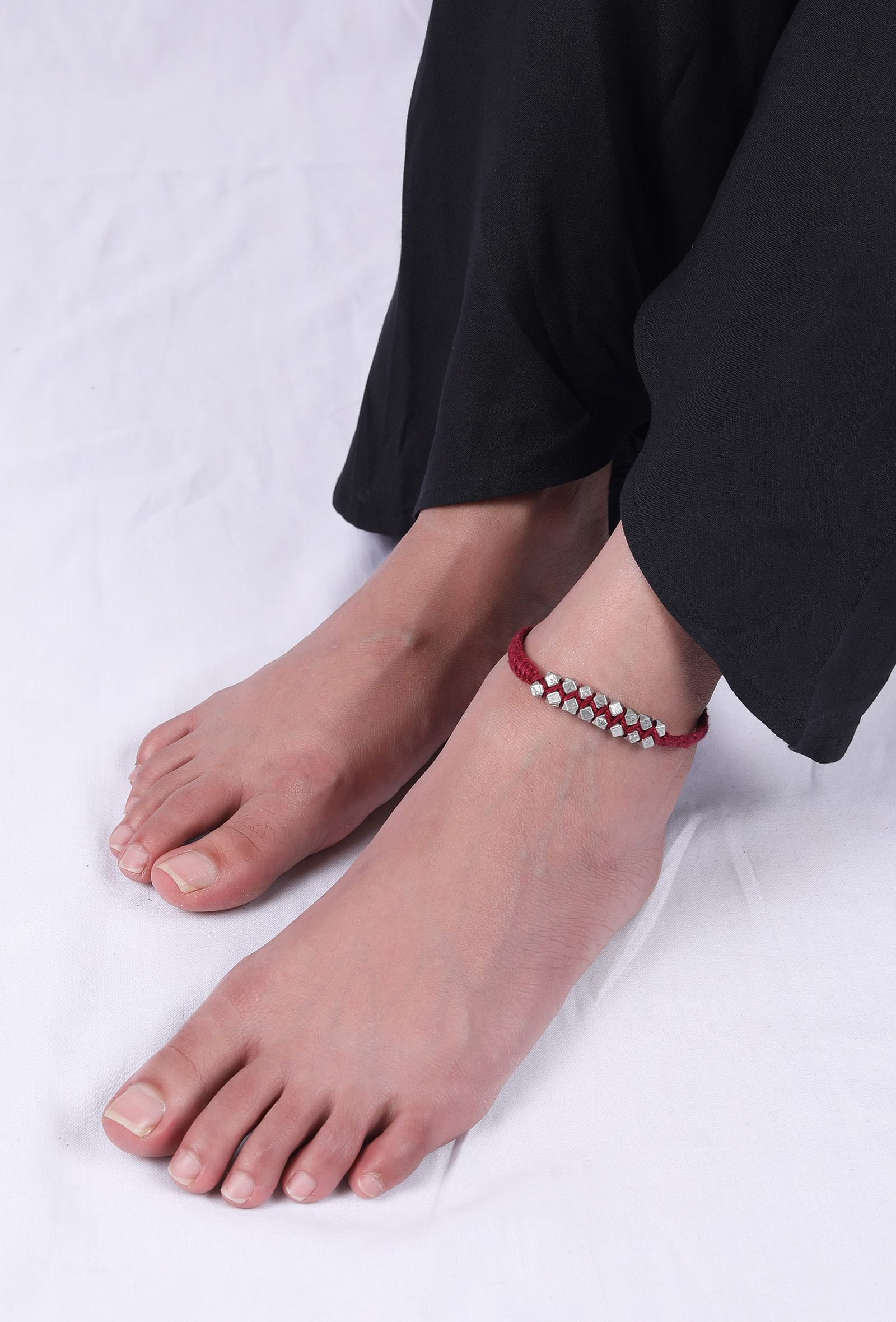 Set Of 2: Edha Maroon Thread & Antique Plated Brass Beaded Anklets