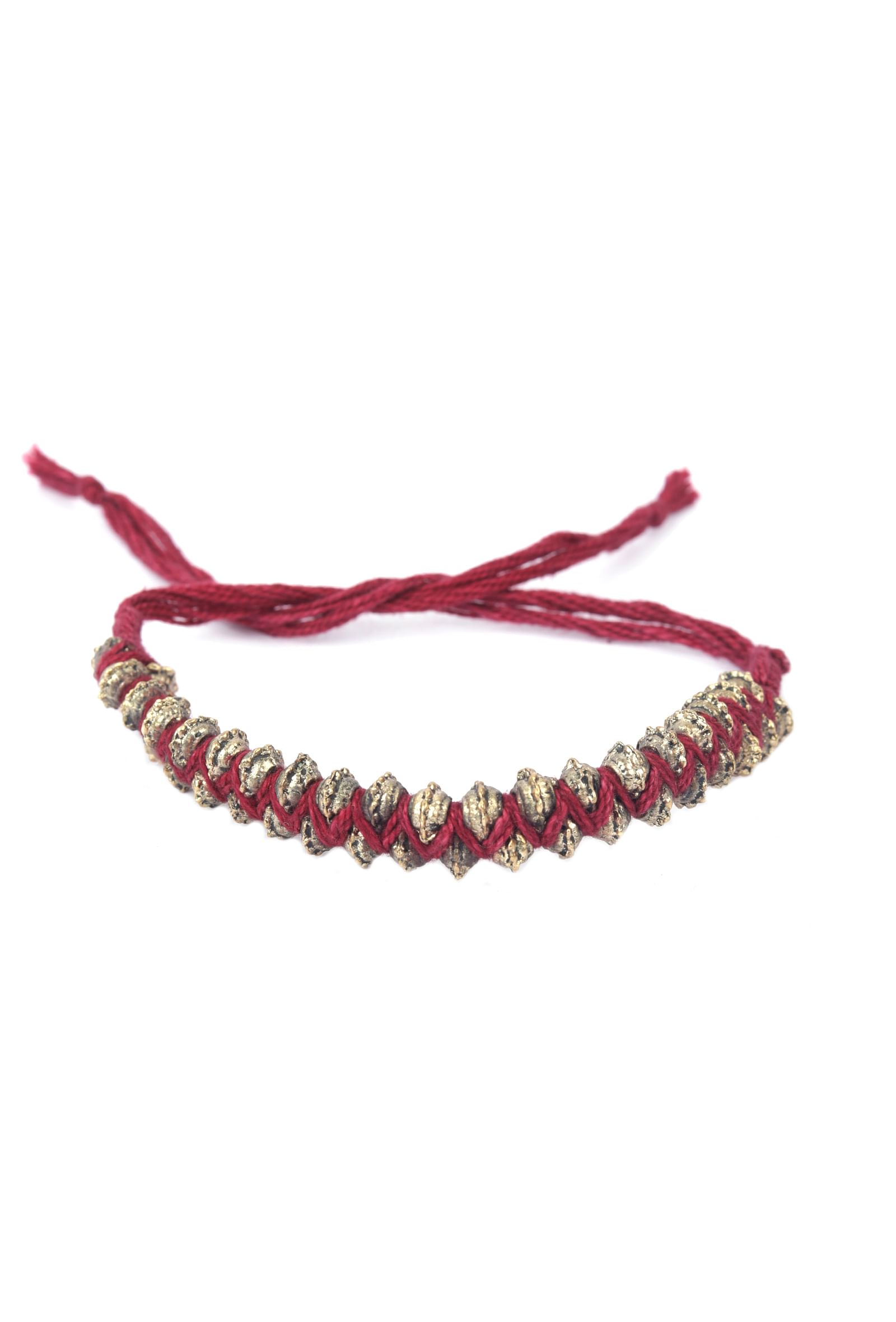Set Of 2: Eti Maroon Thread & Antique Plated Brass Beaded Anklets
