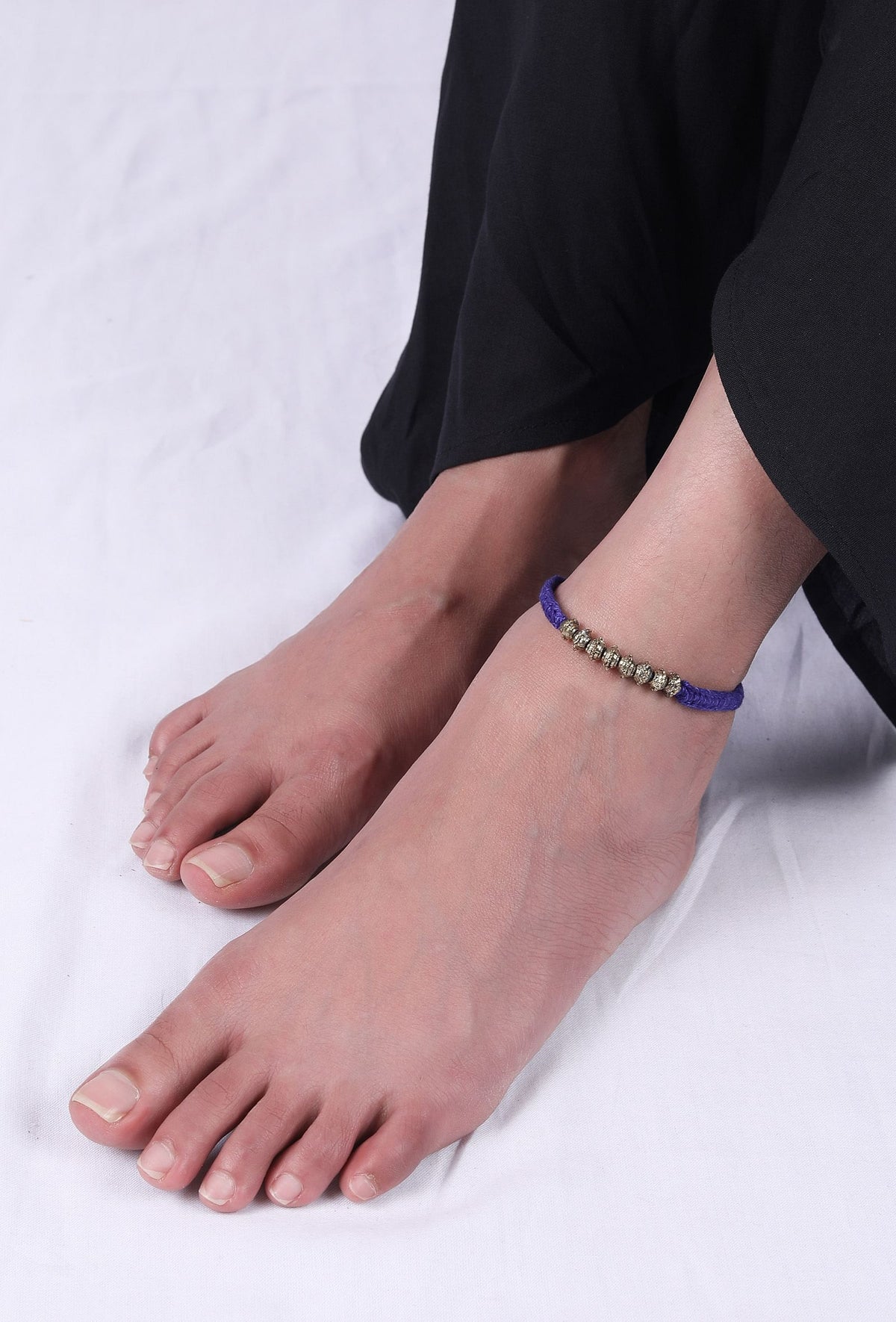 Set Of 2: Inika Purple Thread & Antique Plated Brass Beaded Anklets