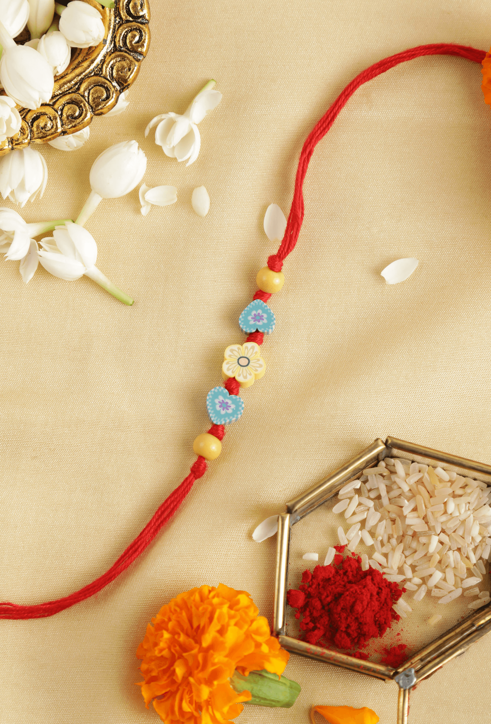 Flower & Heart Beads Red Thread Rakhi