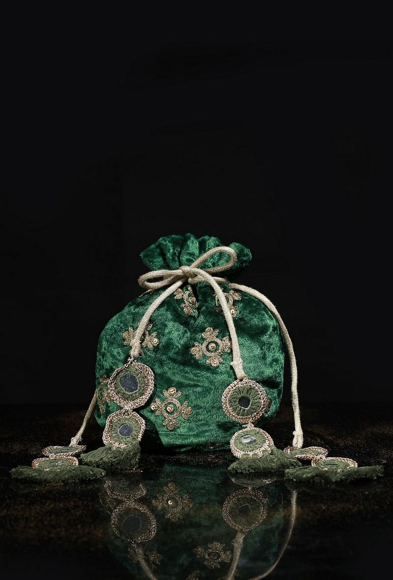 Bottle Green Velvet Potli Bag