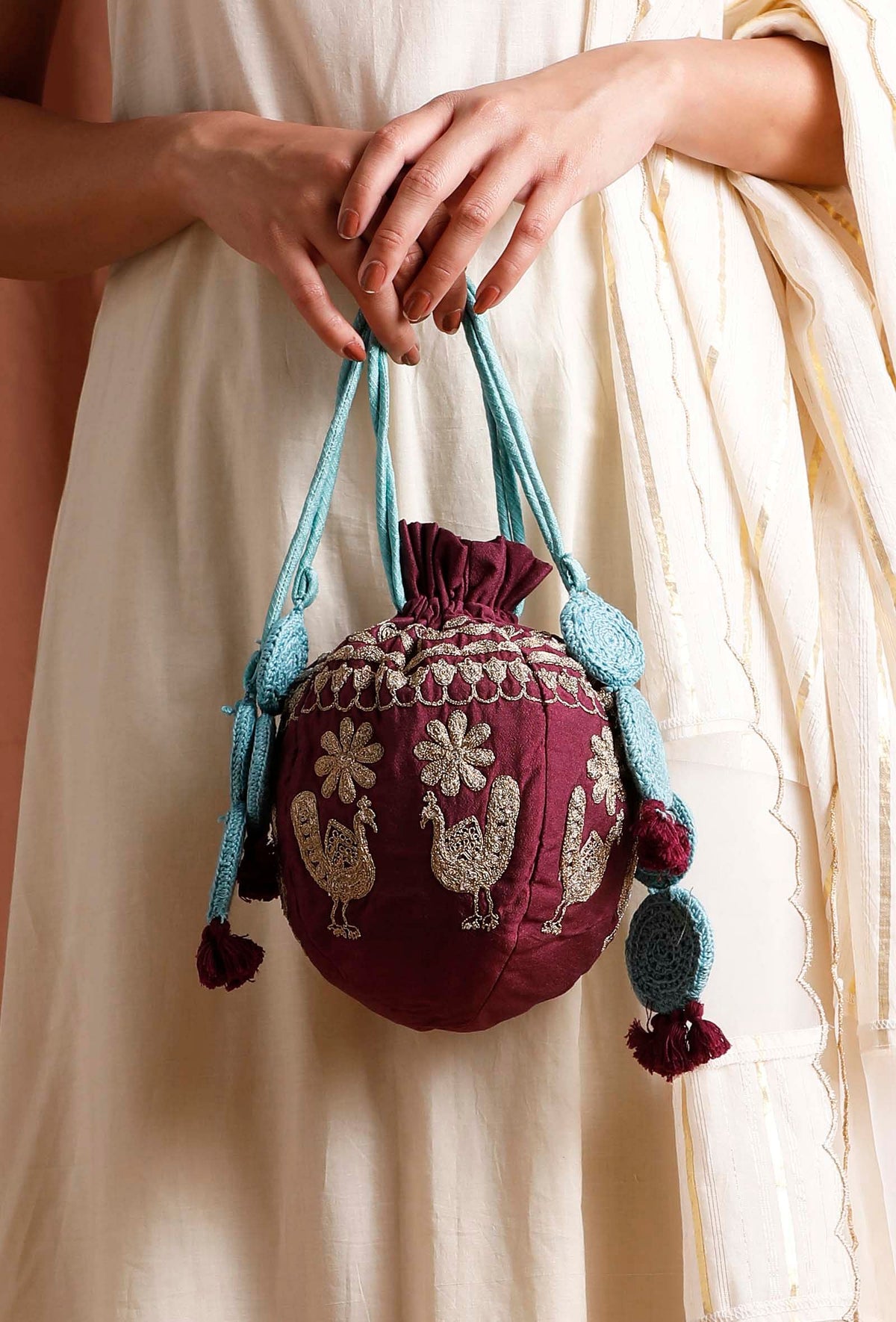 Maroon Dupion Silk Potli with Blue Strings