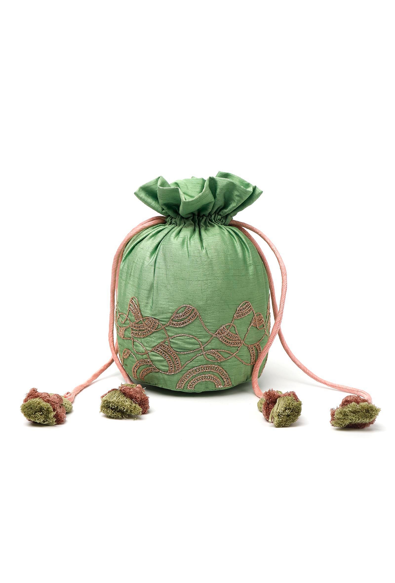 Light Green Dupion Silk Potli with Pink Strings