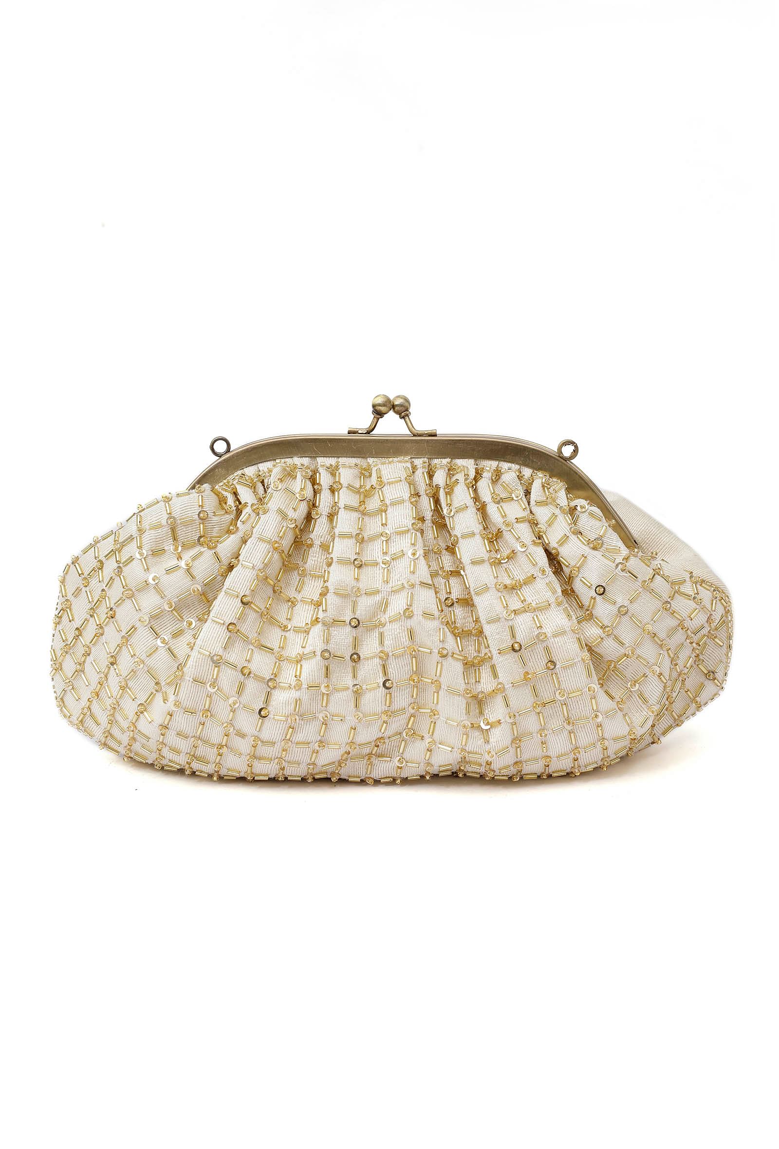 Kiya White-Golden Embellished Clutch Bag