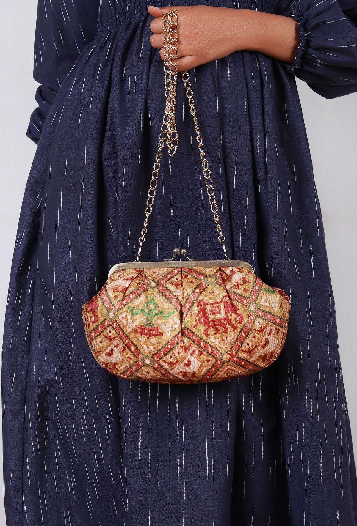 Golden & Multi Silk Patola Print Clutch