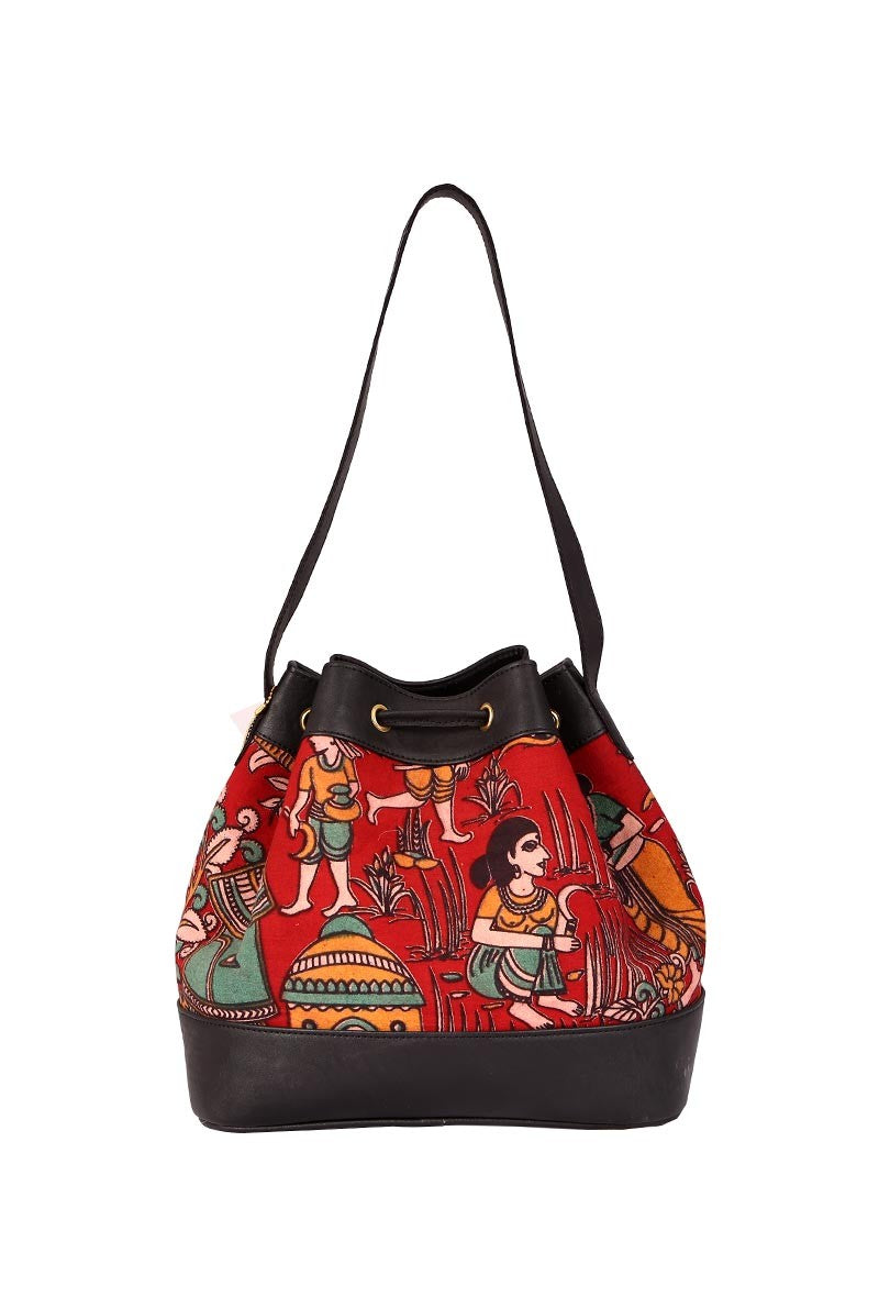 Red Kalamkari Bucket Bag